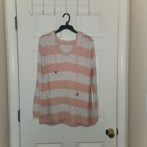 Faded Glory Knit Hoodie Stripe L 12-14 Pull-Over Colorblock V-Neck Pink And Whit